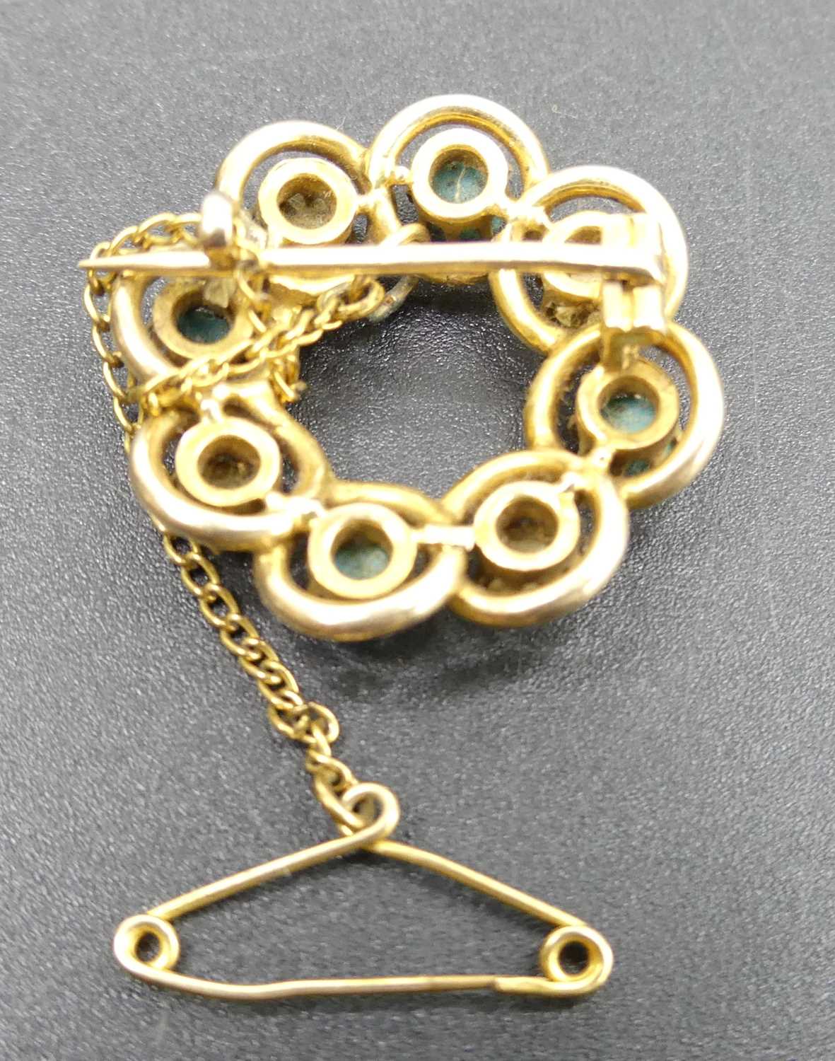 An Edwardian 15ct gold, turquoise and seed pearl set circular brooch, with safety chain, 4.8g, dia. - Image 2 of 2