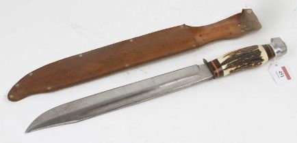 A Whitby Solingen German bowie knife, having antler handle and leather sheath, length 45cm