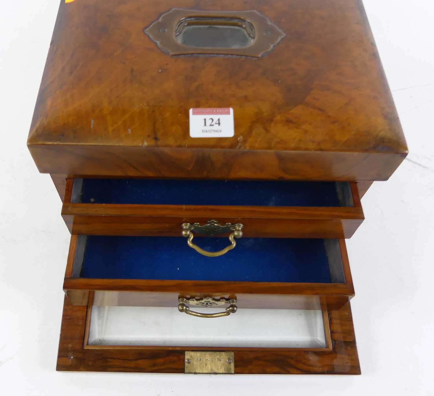 A Victorian walnut jewellery box, having a Brahma type lock and fitted interior, width 29cm No key & - Image 3 of 9