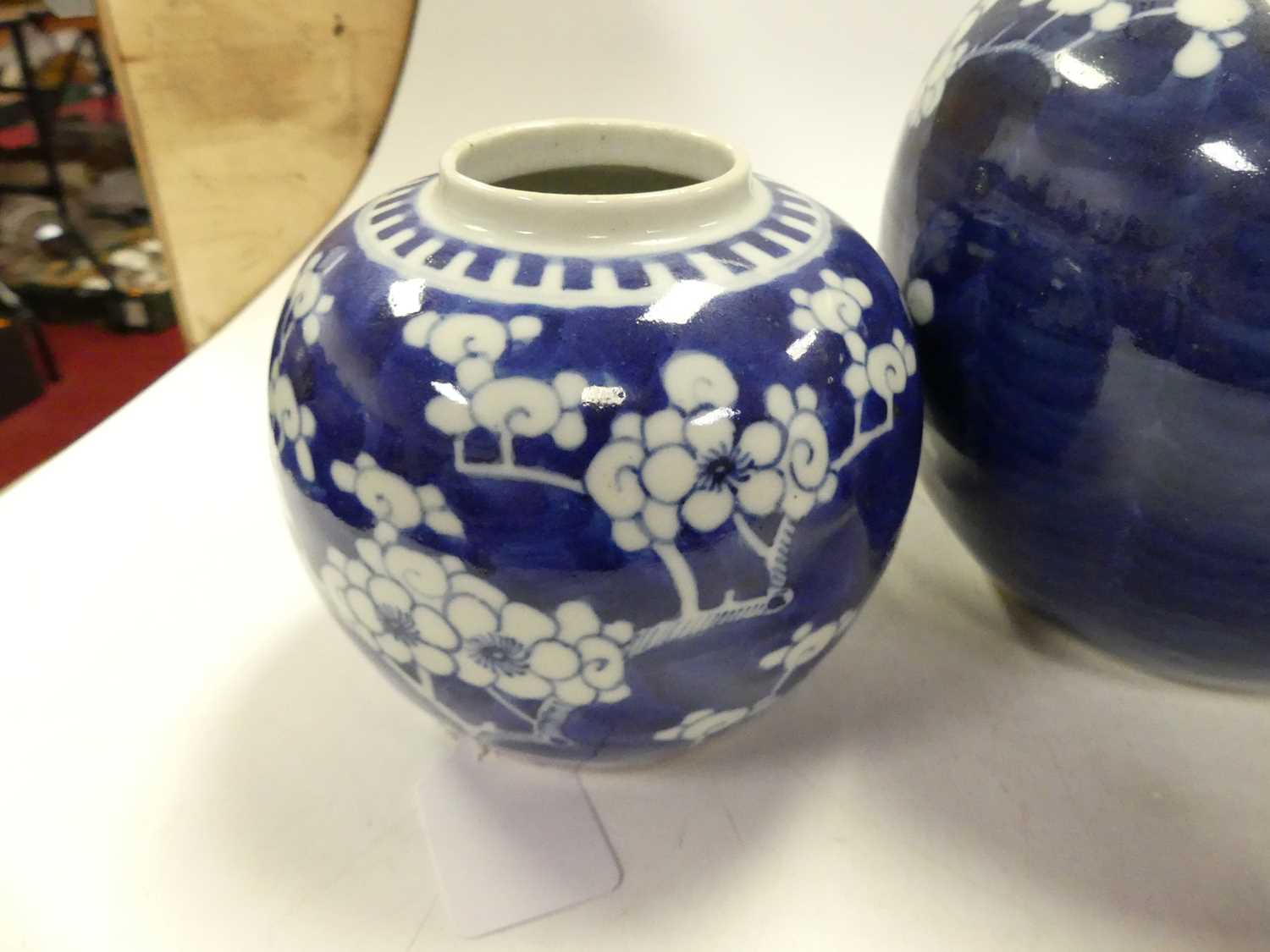 A graduated matched set of three Chinese blue and white prunus vases, the largest h.14cm Lacking - Image 2 of 7