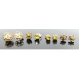 Four pairs of modern yellow metal and semi-precious set ear studs, to include 9ct gold examples