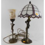 A bronzed metal figural table lamp, having a coloured glass shade, height 42cm, together with