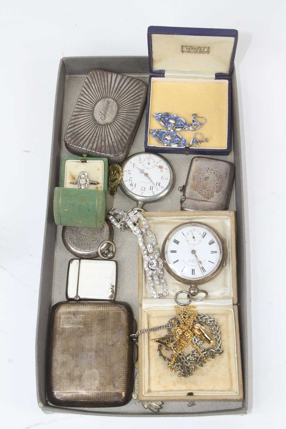 A collection of silver and costume jewellery, to include pocket cigarette case, pocket watches,