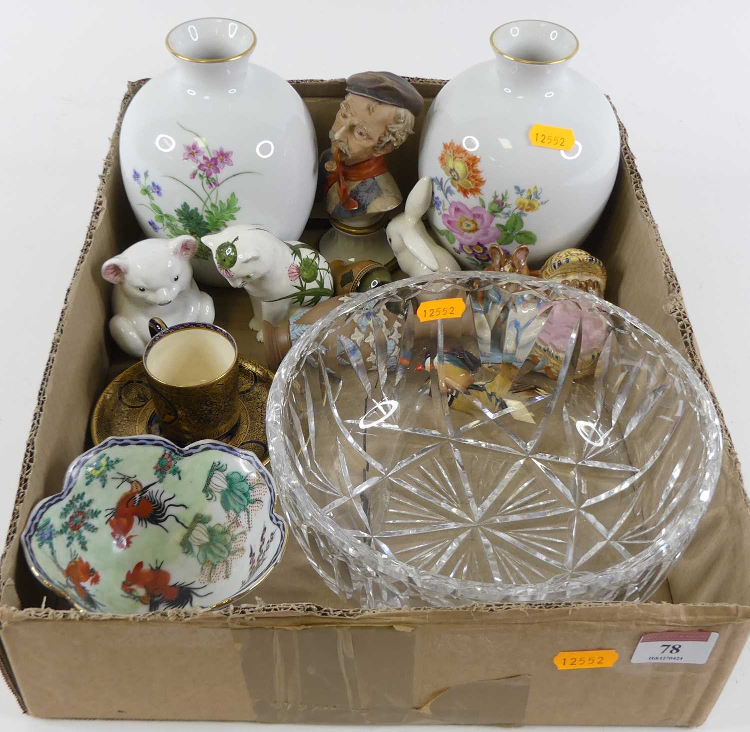 A box of miscellaneous china & glassware to include miniature Doulton stoneware vase, Beswick
