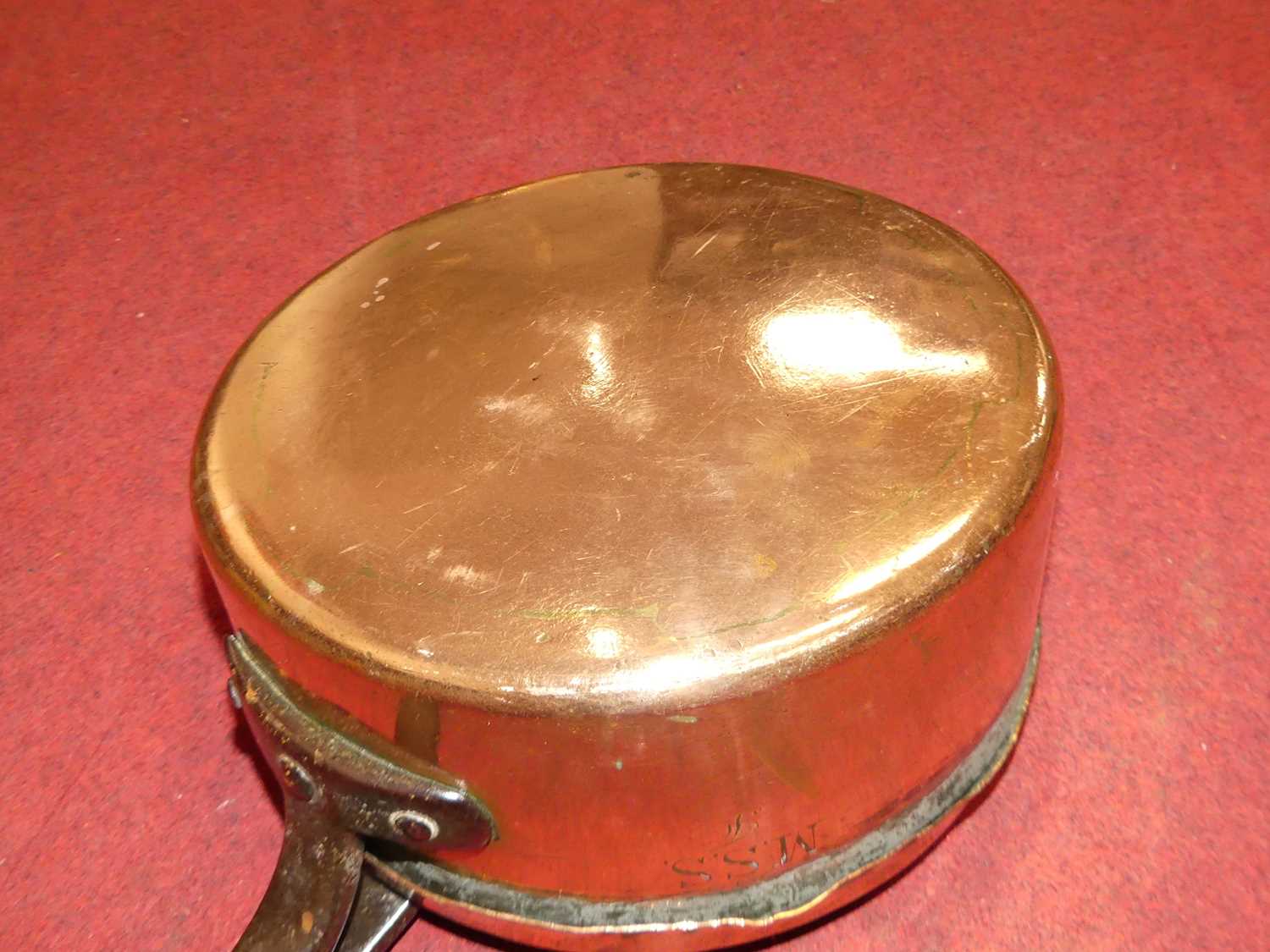 A large 19th century copper saucepan having riveted wrought iron handle, dia. 36cm, together with - Image 10 of 10