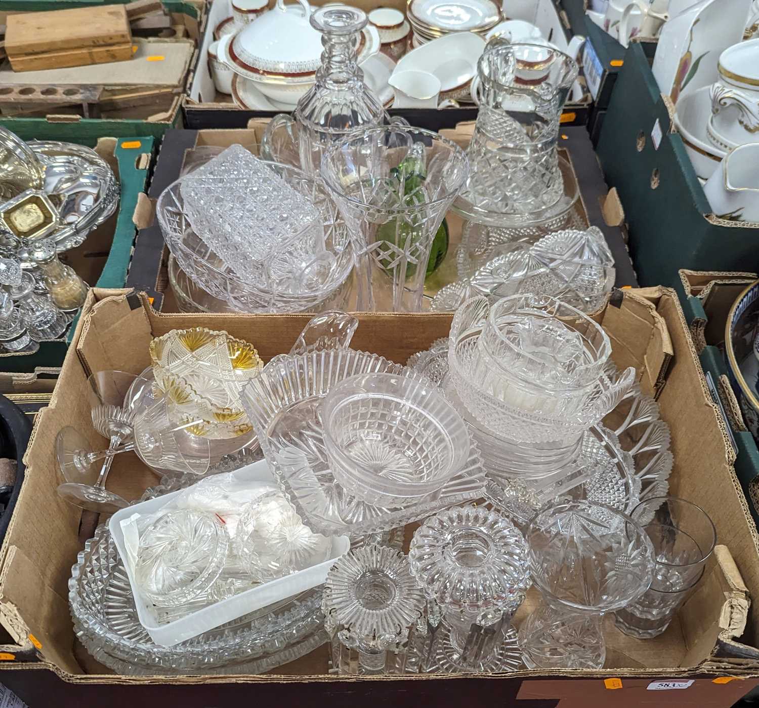 Two boxes of mixed glassware, to include table candlesticks, decanters etc