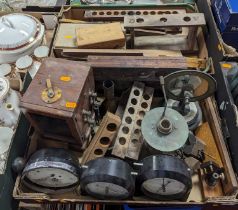 Two boxes of vintage dials and measuring equipment etc
