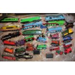 A tray containing children's trains to include Thomas the Tank Engine etc