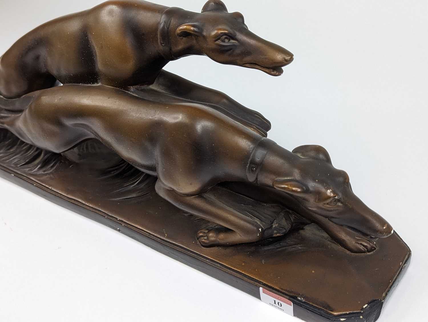 An Art Deco gilt plaster model of two greyhounds racing, width 58cm - Image 2 of 4