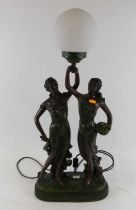 A large Art Nouveau style resin table lamp having a globular shade supported by two classical