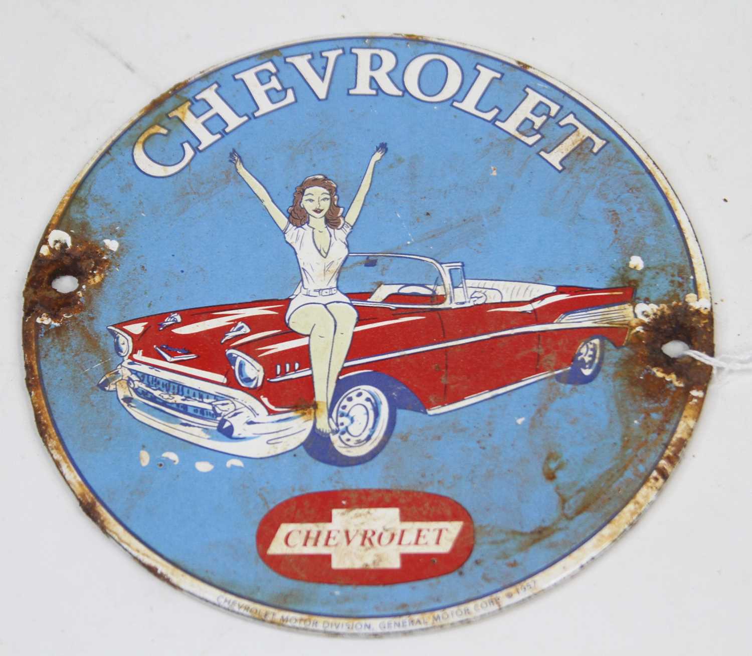 A circular enamel on metal advertising sign for Chevrolet Cars, dia. 15cm