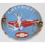 A circular enamel on metal advertising sign for Chevrolet Cars, dia. 15cm