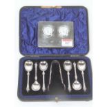 A Victorian cased set of six silver apostle coffee spoons and sugar nips, Sheffield 1890, 3.9ozt,