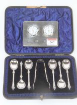 A Victorian cased set of six silver apostle coffee spoons and sugar nips, Sheffield 1890, 3.9ozt,