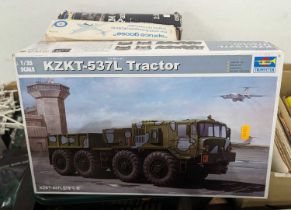 Three boxed kits to include; Trumpeter KZKT-537L Tractor and two others