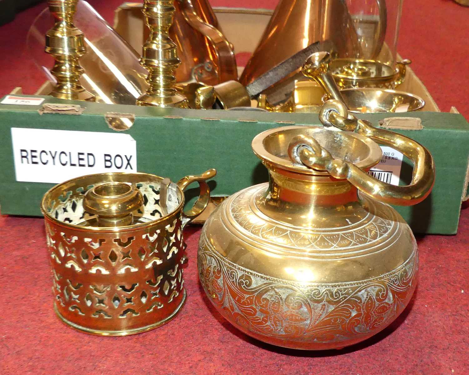 A collection of metalware, to include a pair of Victorian brass table candlesticks, copper - Image 2 of 2
