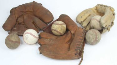 A collection of vintage baseball balls and gloves