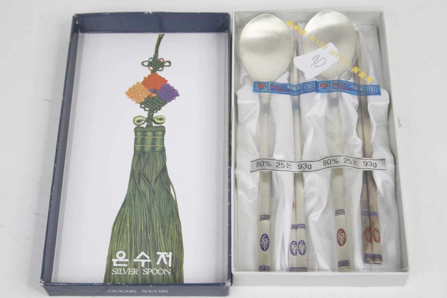 A Chinese white metal spoon and chopstick set, stamped 800, boxed