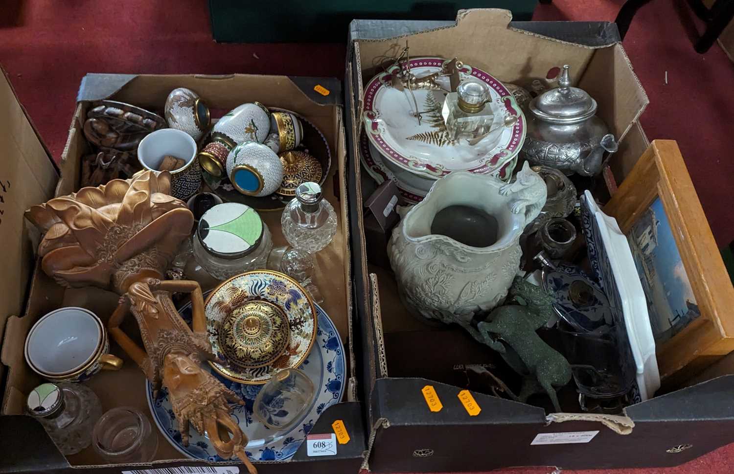 Two boxes of miscellaneous items to include Victorian relief moulded pottery jug, Chinese