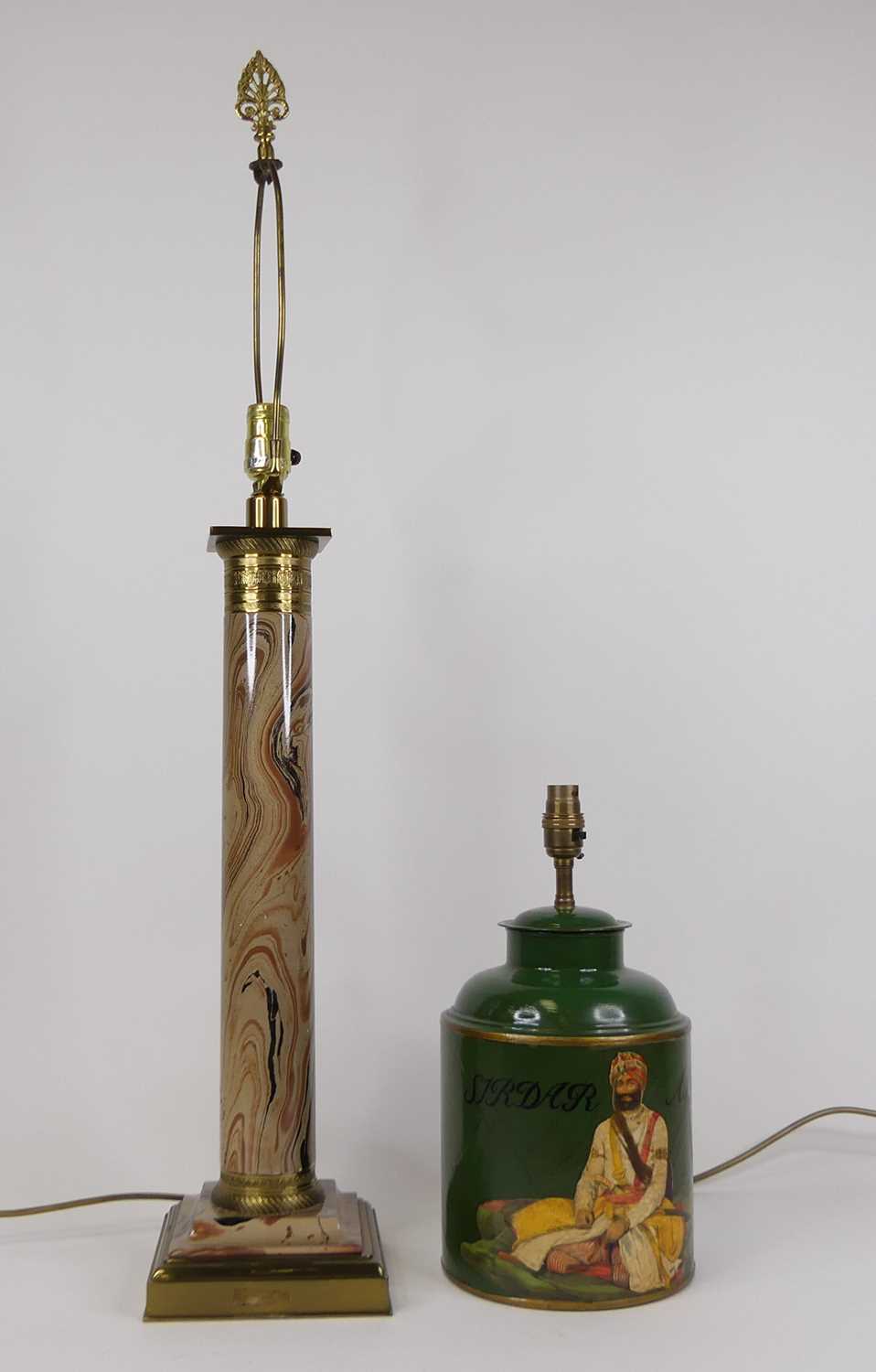 A reproduction table lamp in the form of a tea canister, height 34cm, together with a brass and faux