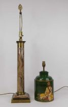 A reproduction table lamp in the form of a tea canister, height 34cm, together with a brass and faux