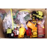 A box containing Britains related vehicles, figures and accessories, to include 1982 Mercedes Benz