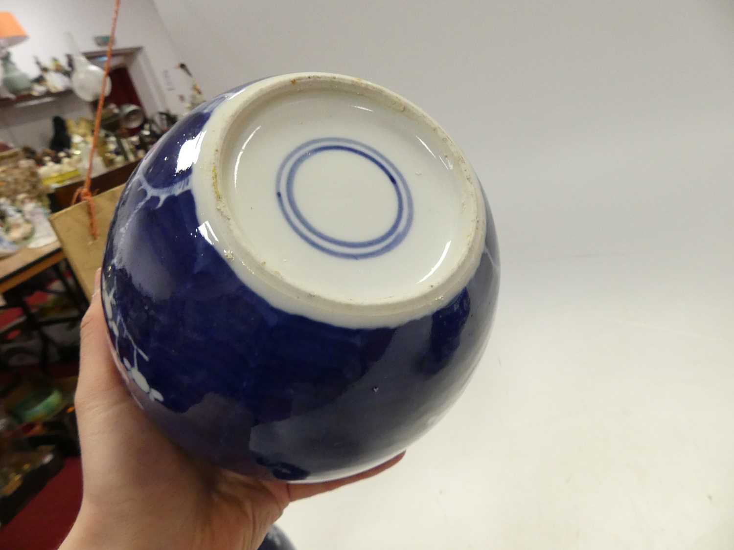 A graduated matched set of three Chinese blue and white prunus vases, the largest h.14cm Lacking - Image 7 of 7