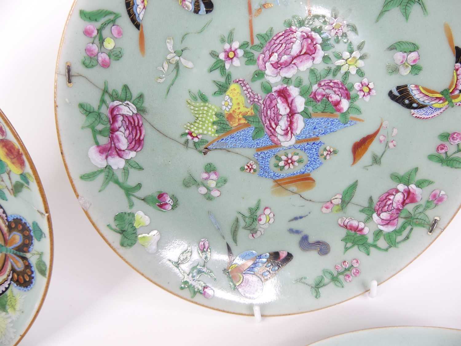 A set of four Chinese celadon porcelain plates enamel decorated with insects and flowers dia. - Image 2 of 3