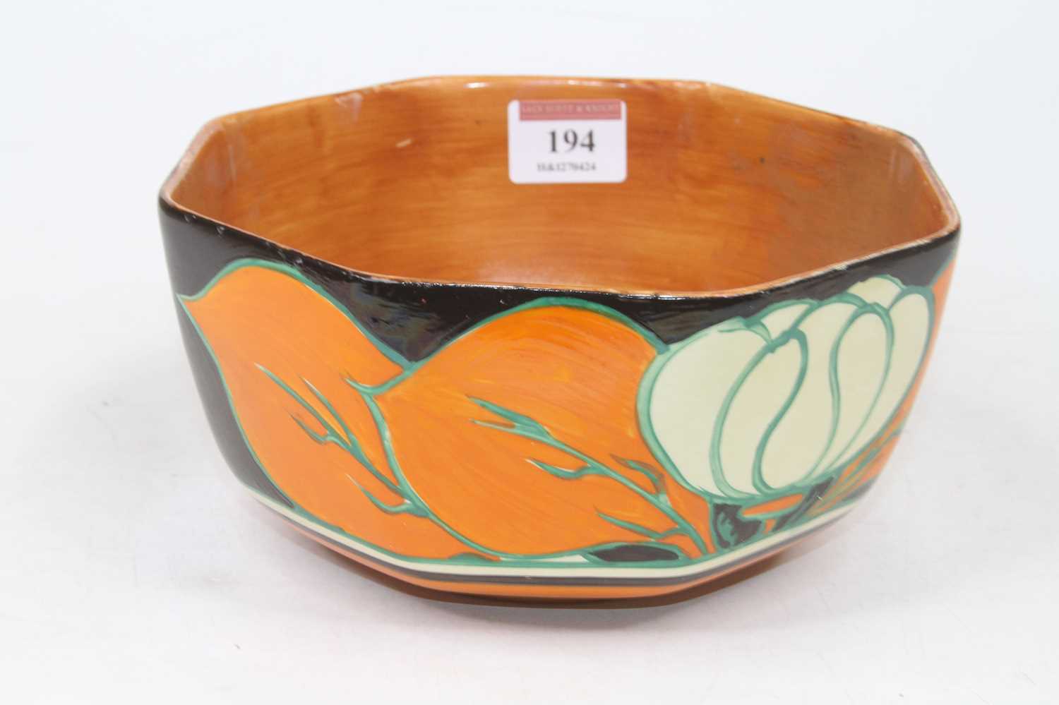A Clarice Cliff water-lilies pattern octagonal bowl, dia.18cm Restored.