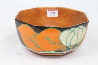 A Clarice Cliff water-lilies pattern octagonal bowl, dia.18cm Restored.