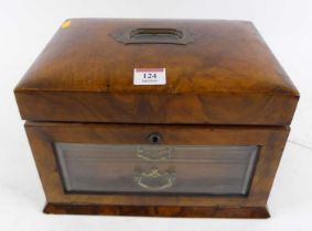 A Victorian walnut jewellery box, having a Brahma type lock and fitted interior, width 29cm No key &