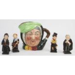 A Royal Doulton character jug 'Sairey Gamp', h.16cm; together with four Royal Doulton Oliver Twist