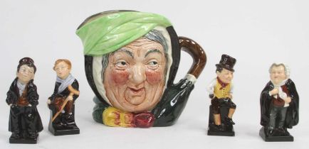 A Royal Doulton character jug 'Sairey Gamp', h.16cm; together with four Royal Doulton Oliver Twist