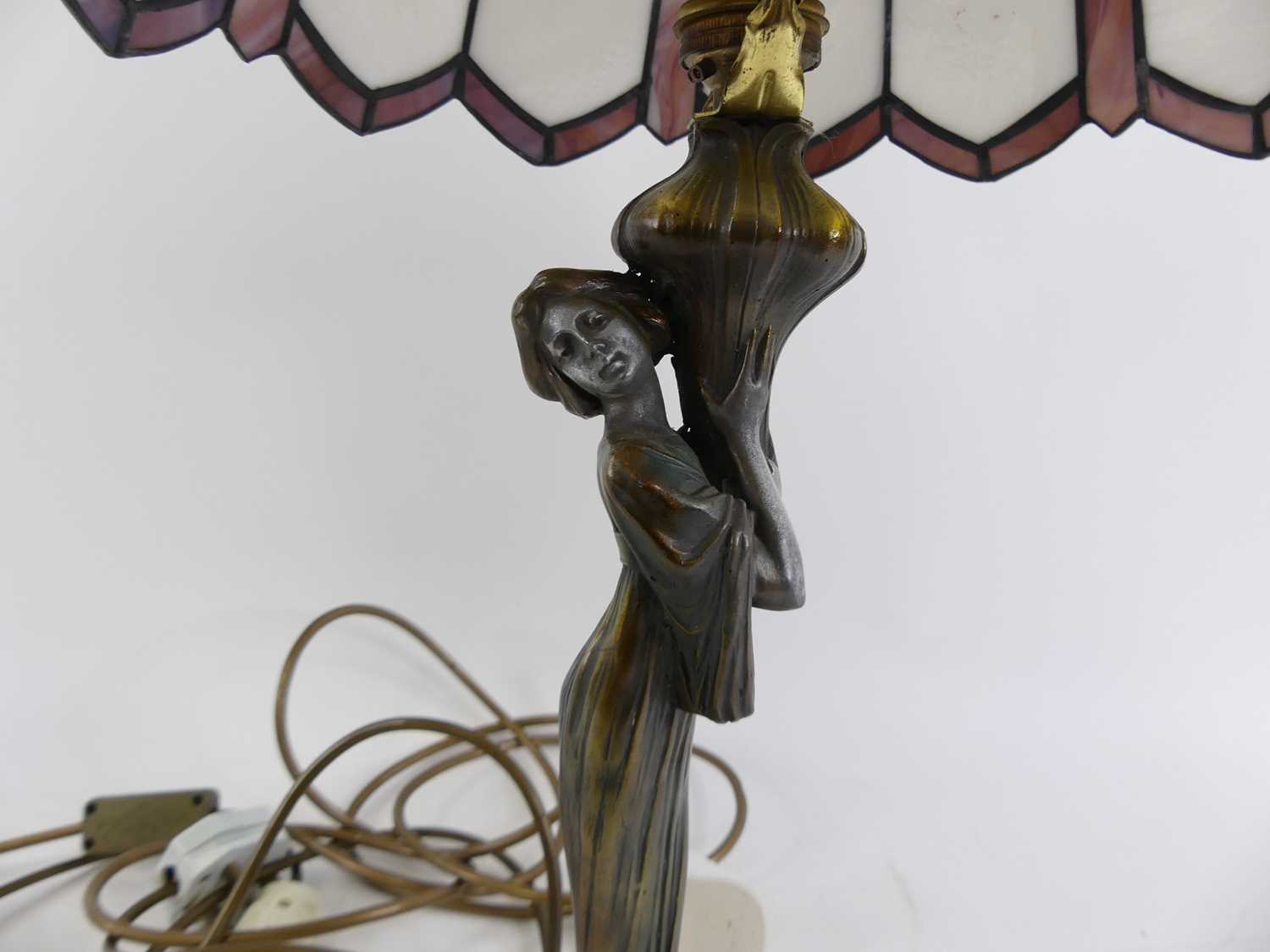 A bronzed metal figural table lamp, having a coloured glass shade, height 42cm, together with - Image 2 of 3