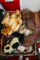Two boxes containing various plush toys, Beanie Babies and teddy bears