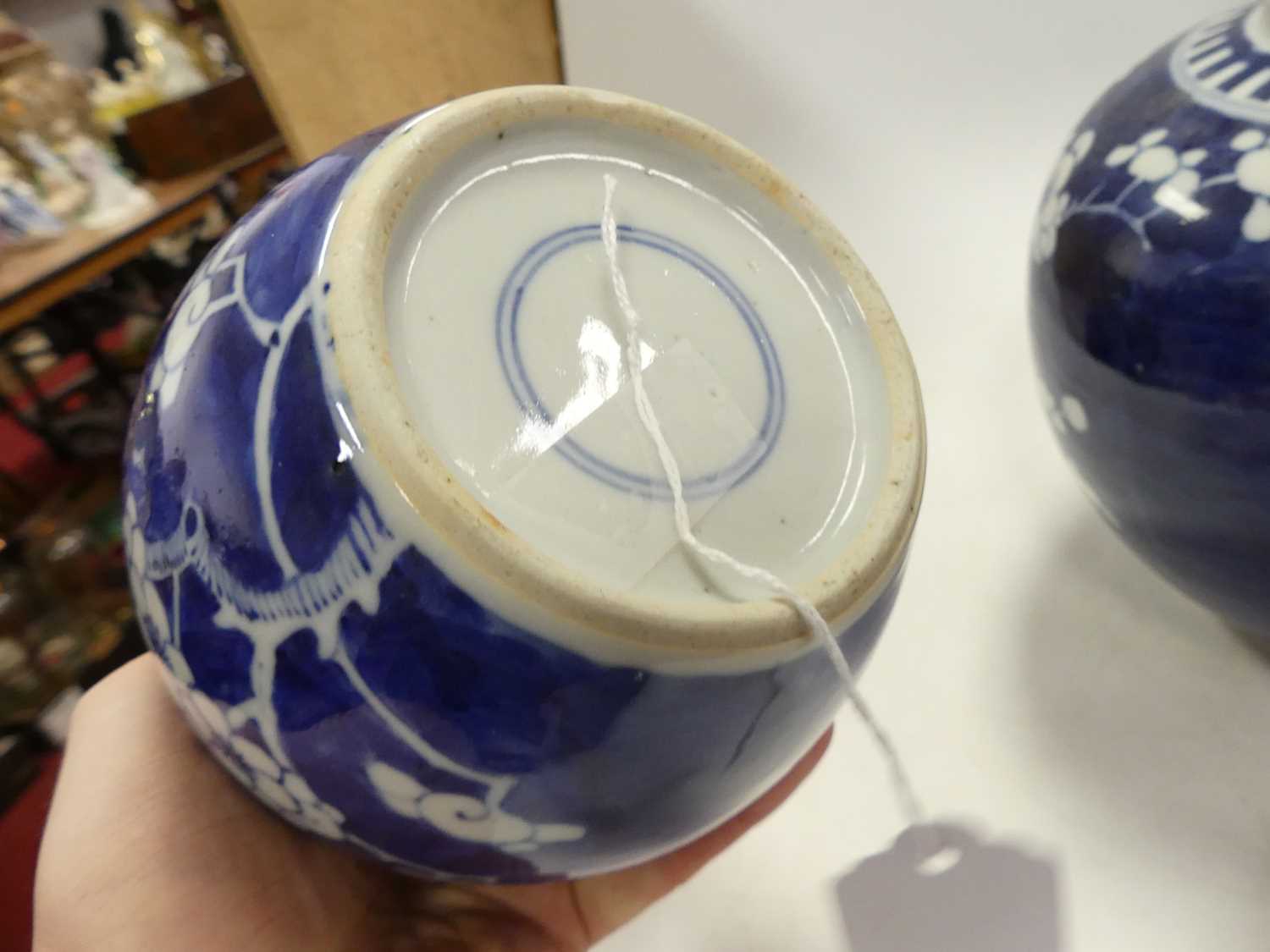 A graduated matched set of three Chinese blue and white prunus vases, the largest h.14cm Lacking - Image 3 of 7