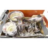 A collection of silver plated items to include a wine cooler of twin handled campagna shape,