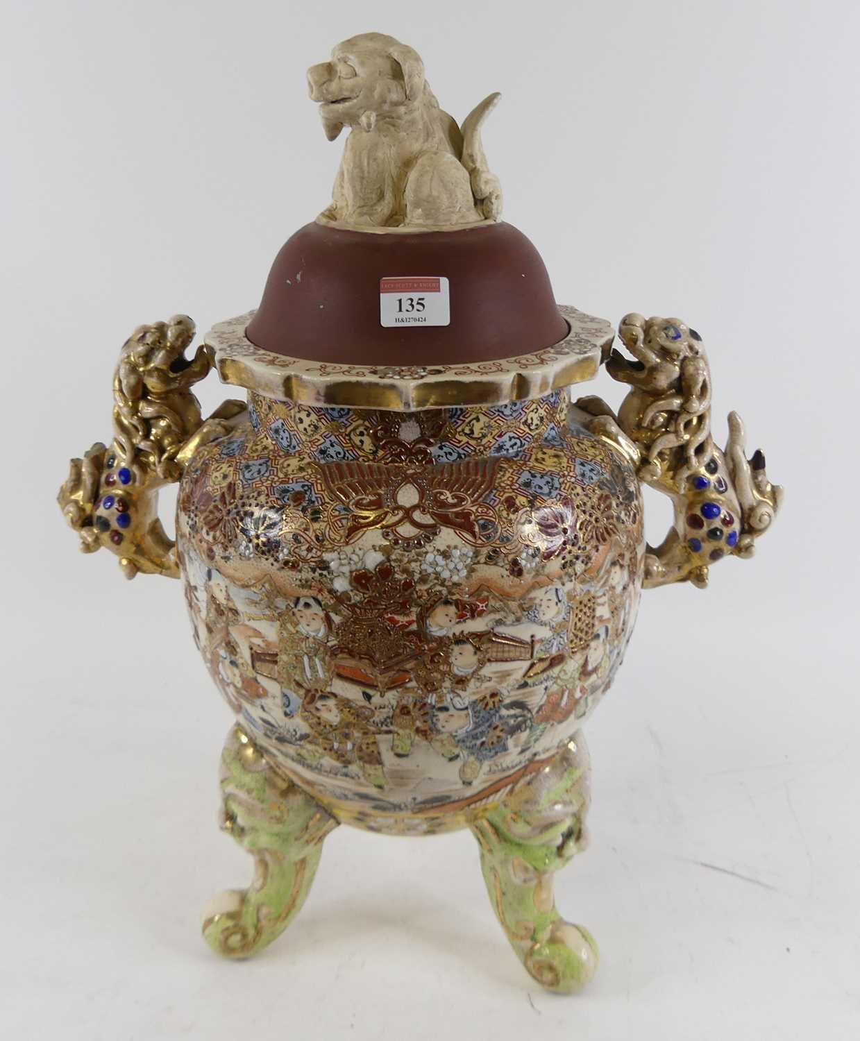 A Japanese satsuma koro, enamel decorated with figures, h.50cm (a/f)