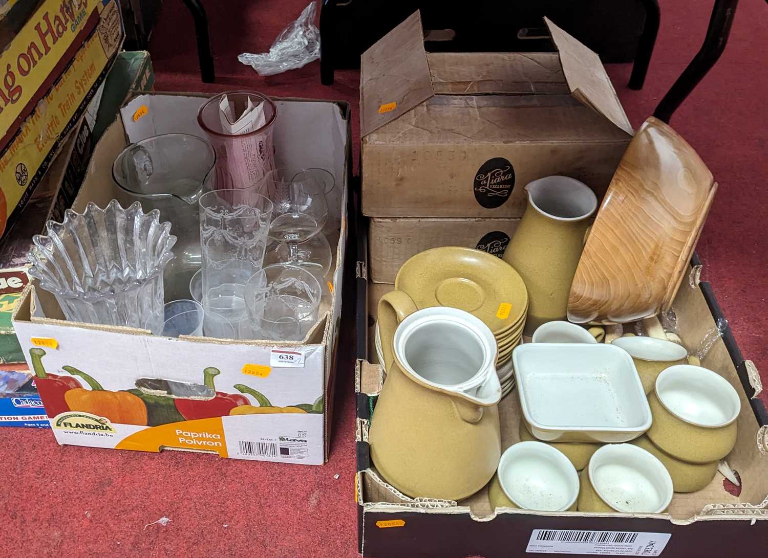 Mixed glassware and ceramics, to include a Denby mustard glazed part tea service