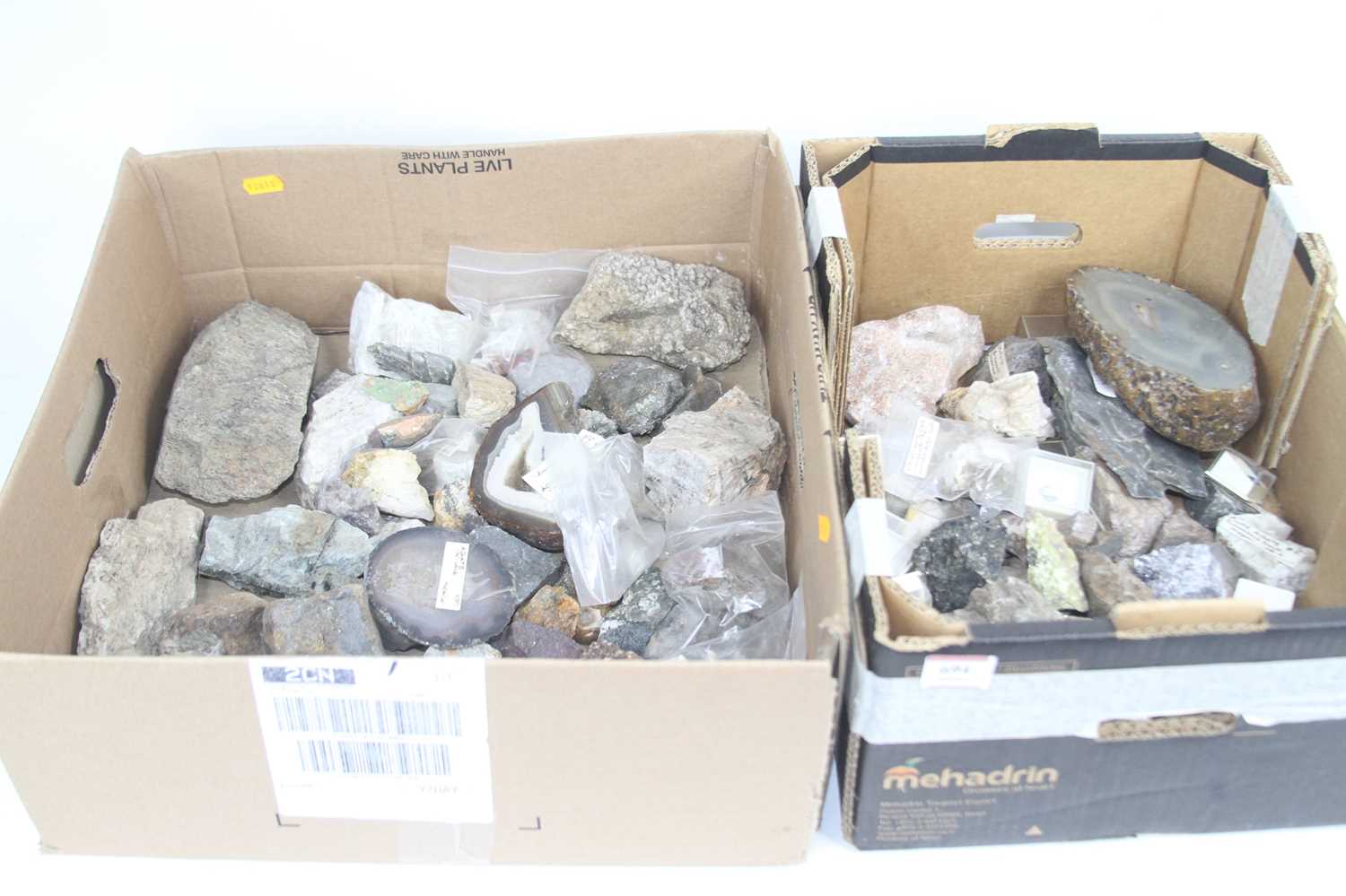 Two boxes of rock and mineral specimens