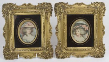A pair of vintage fashion prints 9x7cm, each housed in a gilt frame