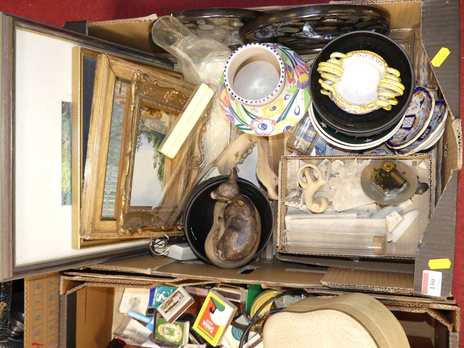 Three boxes of miscellaneous items, to include matchboxes, Poole Pottery and Sambuco majolica