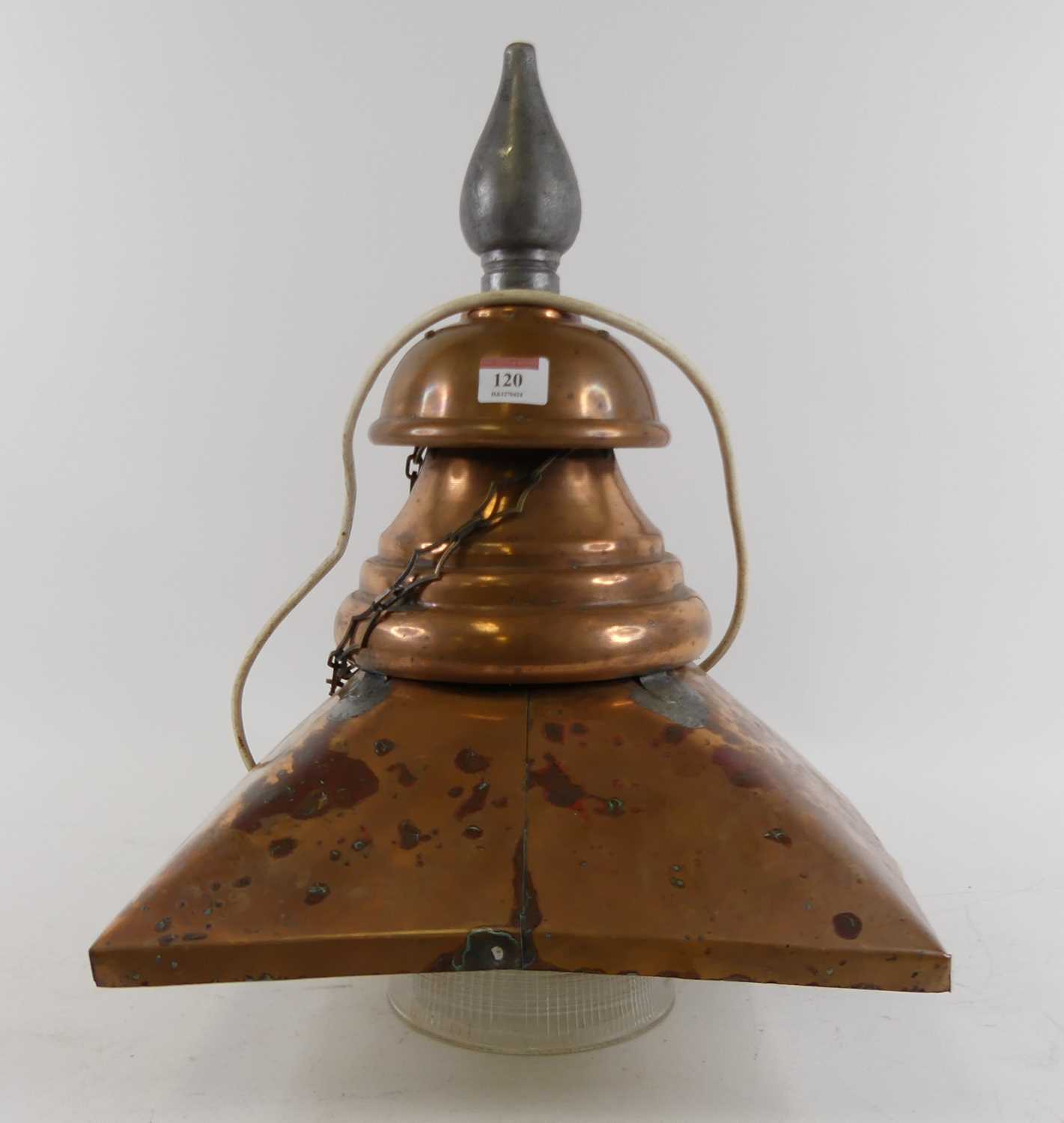 A vintage copper hanging lantern, adapted and with later shade, width 34cm