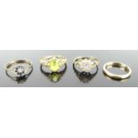 Four various 9ct gold rings, to include a single wedding band, green topaz solitaire ring, blue