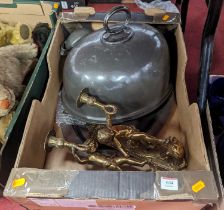 Miscellaneous items to include a pair of figural brass wall sconces and a pewter meat cover