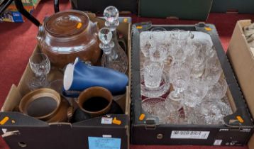 Two boxes of glassware and ceramics, to include crystal drinking glasses