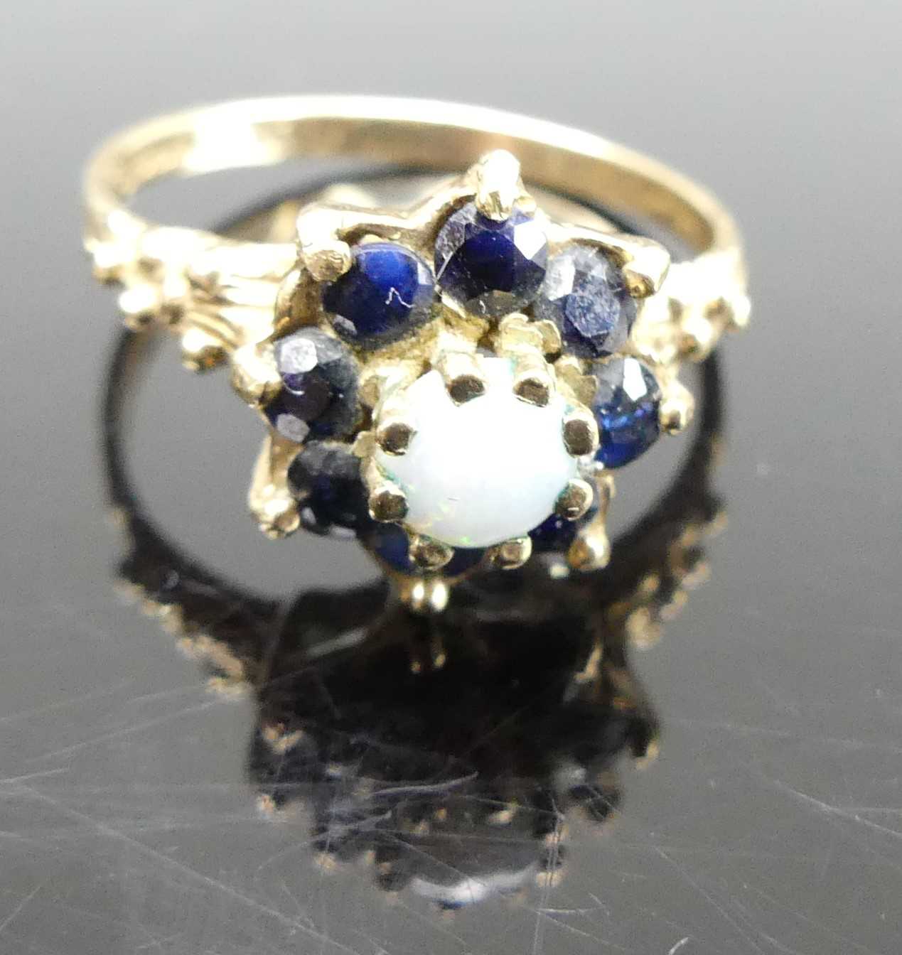 A Victorian style 9ct gold, sapphire and opal set flower head cluster ring, 2.7g, size O