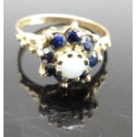 A Victorian style 9ct gold, sapphire and opal set flower head cluster ring, 2.7g, size O