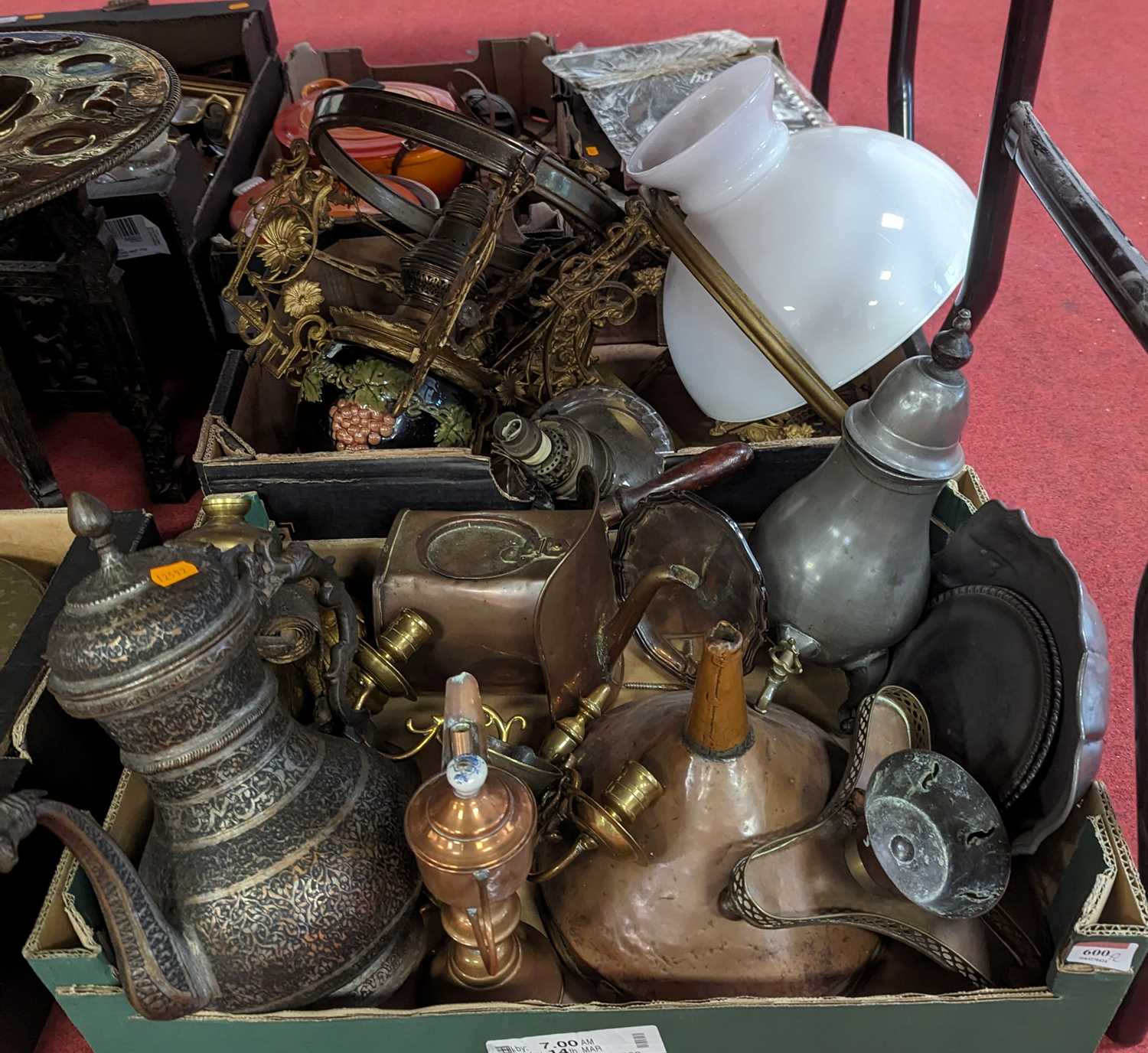 Two boxes of mixed metalware, to include an eastern copper coffee pot, brass twin branch wall sconce