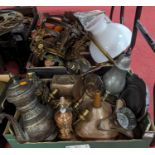 Two boxes of mixed metalware, to include an eastern copper coffee pot, brass twin branch wall sconce